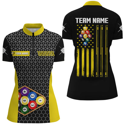Personalized Retro US Flag 9 Ball Pool Billiard Shirts For Women Custom Yellow Black Billiard Jerseys TDM2173