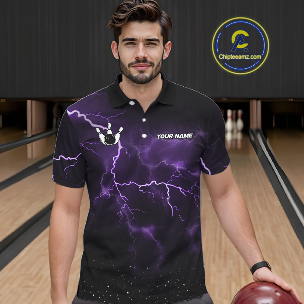 Personalized Thunder Lightning Tornado Funny Bowling Shirt For Men, Bowling Team Jersey |Purple TDM5394