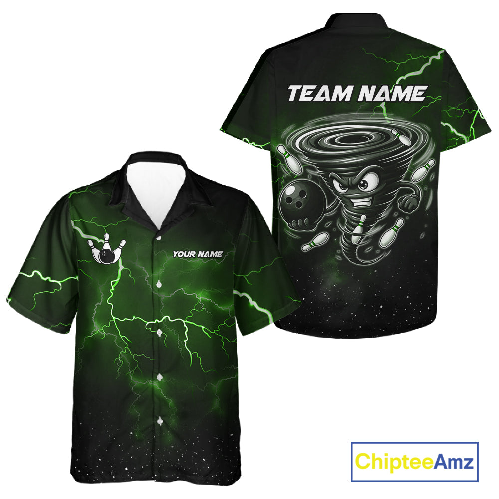 Green Funny Thunder Lightning Tornado Bowling Hawaiian Shirt Custom Bowling Jersey Team Men & Women TDM5395