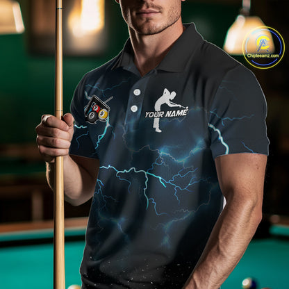 Blue Funny 8 Ball Pool Billiard Shirt For Men Custom Thunder Lightning Billiard Team Jersey TDM5397