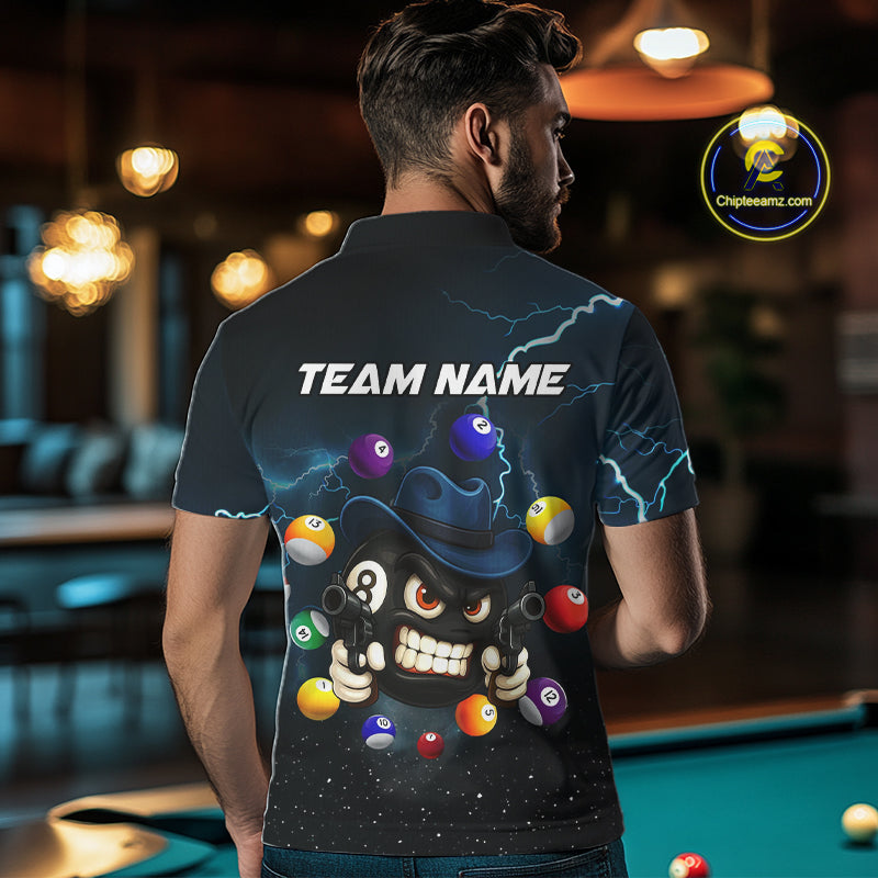 Blue Funny 8 Ball Pool Billiard Shirt For Men Custom Thunder Lightning Billiard Team Jersey TDM5397