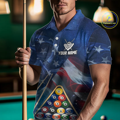 American Flag Blue Galaxy Billiard Shirt For Men Custom 8 Ball Pool Team Jersey Polo & 1/4 Zip TDM5885