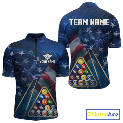 American Flag Blue Galaxy Billiard Shirt For Men Custom 8 Ball Pool Team Jersey Polo & 1/4 Zip TDM5885