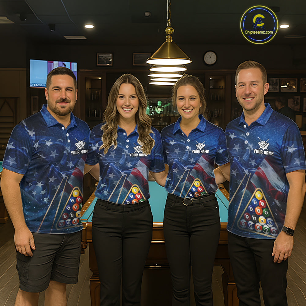 American Flag Blue Galaxy Billiard Shirt For Men Custom 8 Ball Pool Team Jersey Polo & 1/4 Zip TDM5885