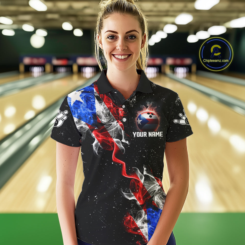 Personalize Puerto Rico Flag Smoke Bowling Shirt For Women Custom Patriotic Bowling Team Jersey TDM6022