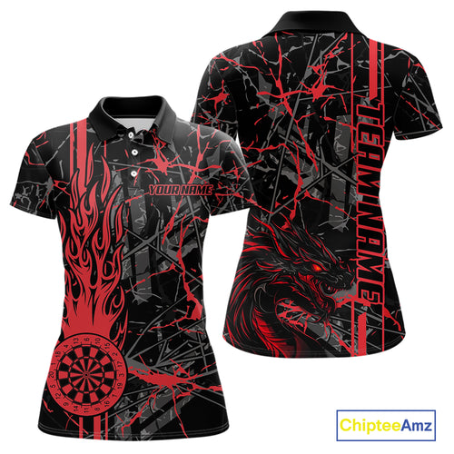Red Grunge Dart Jerseys For Women, Fire Flame Dart Board Custom Name Dragon Darts League Shirts TDM3857