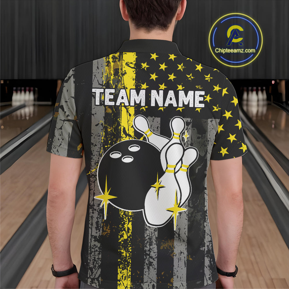 Yellow Grunge American Flag Patriotic Bowling Shirts For Men Custom Bowling Jersey Polo & 1/4 Zip TDM6288
