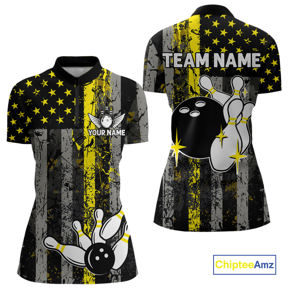 Yellow Grunge American Flag Patriotic Bowling Shirts For Women Custom Bowling Jersey Polo & 1/4 Zip TDM6288
