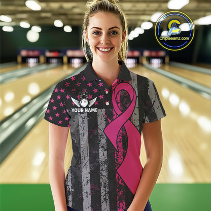 Custom Pink Ribbon Grunge American Flag Bowling Shirt For Women, Breast Cancer Bowling Team Jersey TDM6289