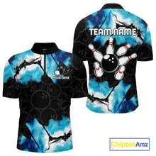 Load image into Gallery viewer, Dreamy blue bowling quarter zip shirt for men designed for league tournaments and team events.
