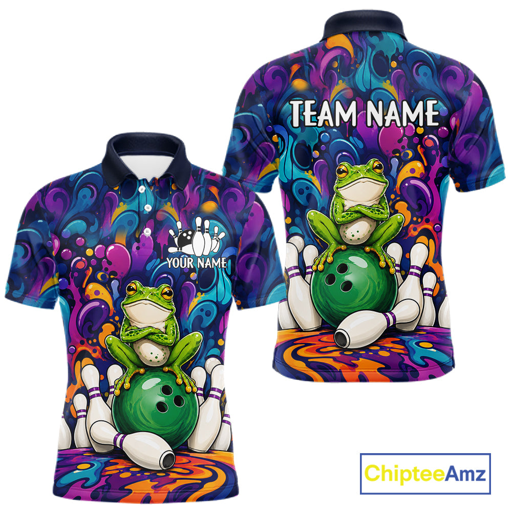 Personalized colorful funny frog bowling team jersey polo shirt for men, custom bowling league apparel with vibrant frog design and tournament-ready style.