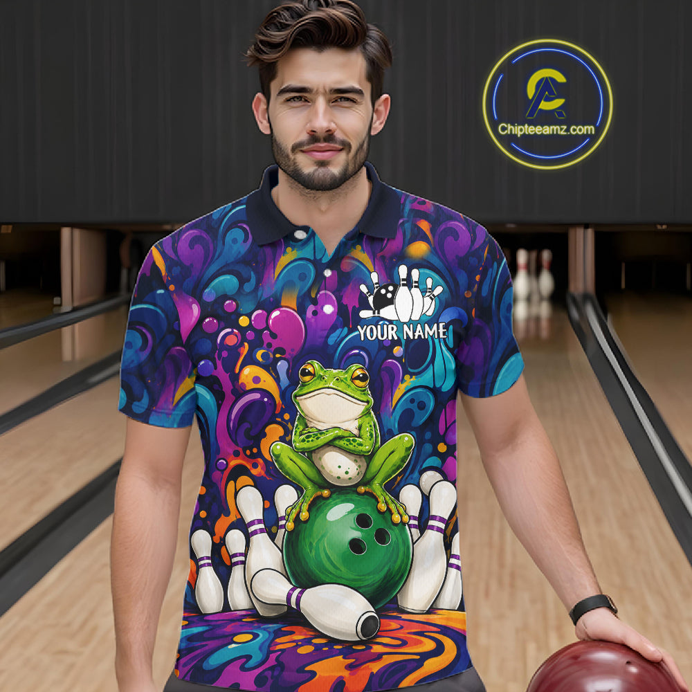 Man wearing personalized colorful funny frog bowling polo shirt front view.