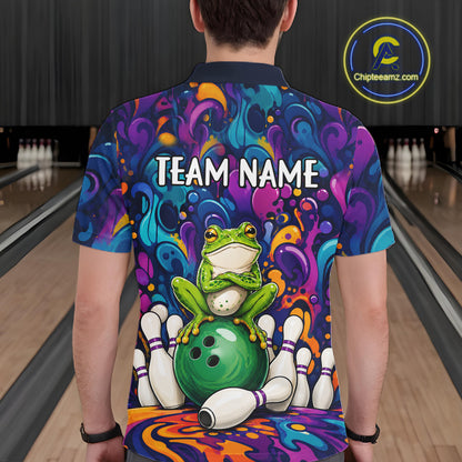Man wearing personalized colorful funny frog bowling polo shirt back view.