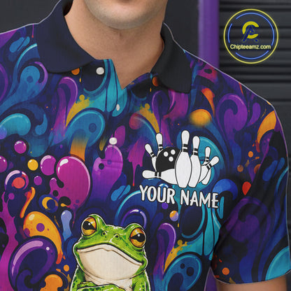 Close-up of the collar, buttons and chest detail on the personalized colorful funny frog bowling polo shirt for men.