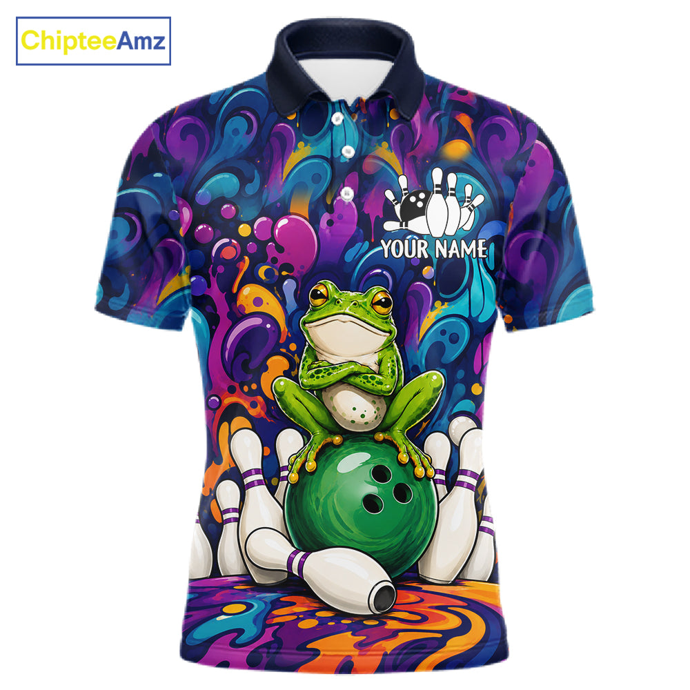 Personalized colorful funny frog bowling team jersey polo shirt for men, custom bowling league apparel with vibrant frog design and tournament-ready style.