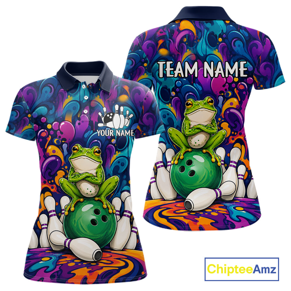 Personalized colorful funny frog bowling team jersey polo shirt for women, custom bowling league apparel with vibrant frog design and tournament-ready style.