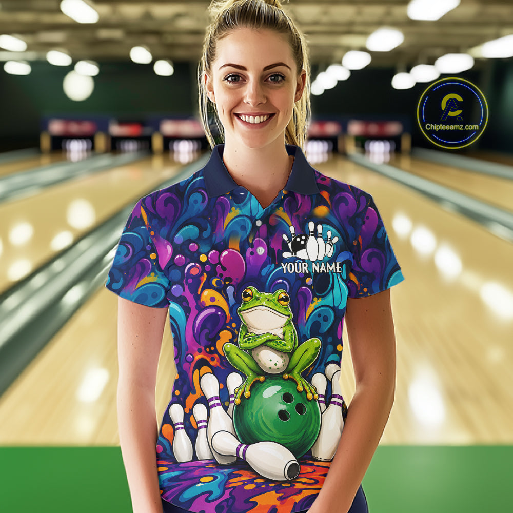 Woman wearing personalized colorful funny frog bowling polo shirt front view.