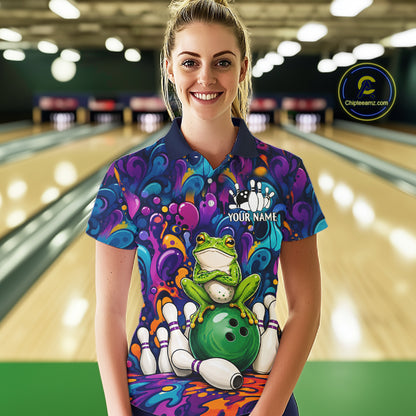 Woman wearing personalized colorful funny frog bowling polo shirt front view.