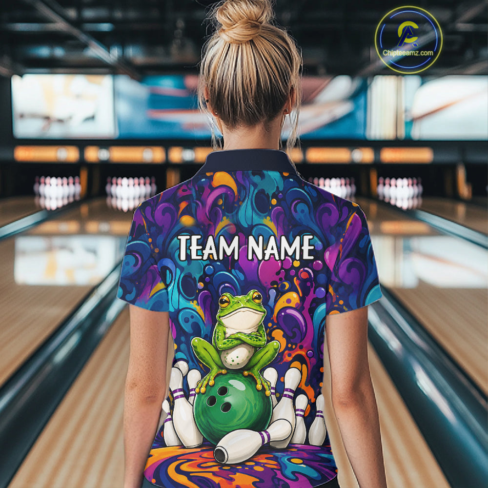 Woman wearing personalized colorful funny frog bowling polo shirt back view.