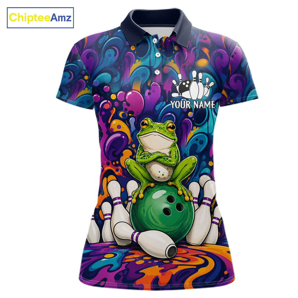 Personalized colorful funny frog bowling team jersey polo shirt for women, custom bowling league apparel with vibrant frog design and tournament-ready style.