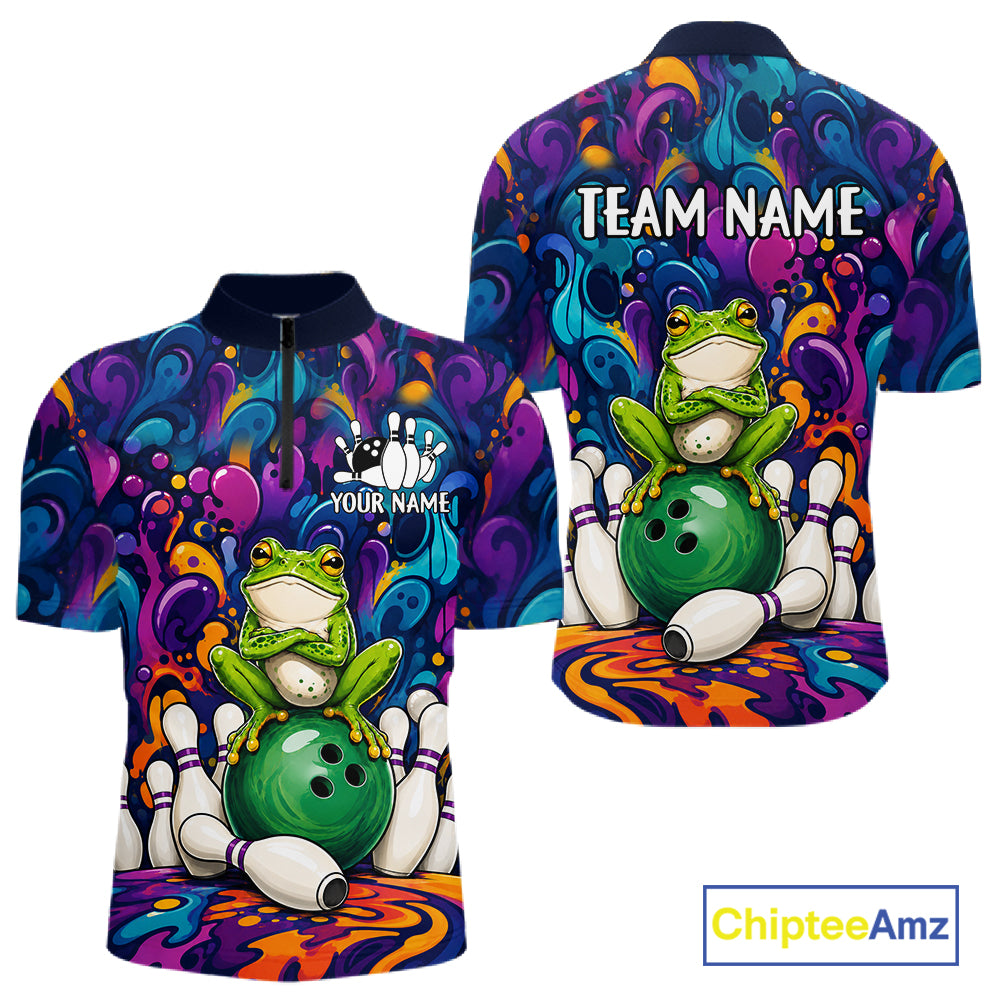 Personalized colorful funny frog bowling team quarter zip shirt for men, custom bowling league jersey with colorful frog artwork.