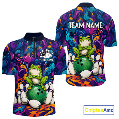 Personalized colorful funny frog bowling team quarter zip shirt for men, custom bowling league jersey with colorful frog artwork.