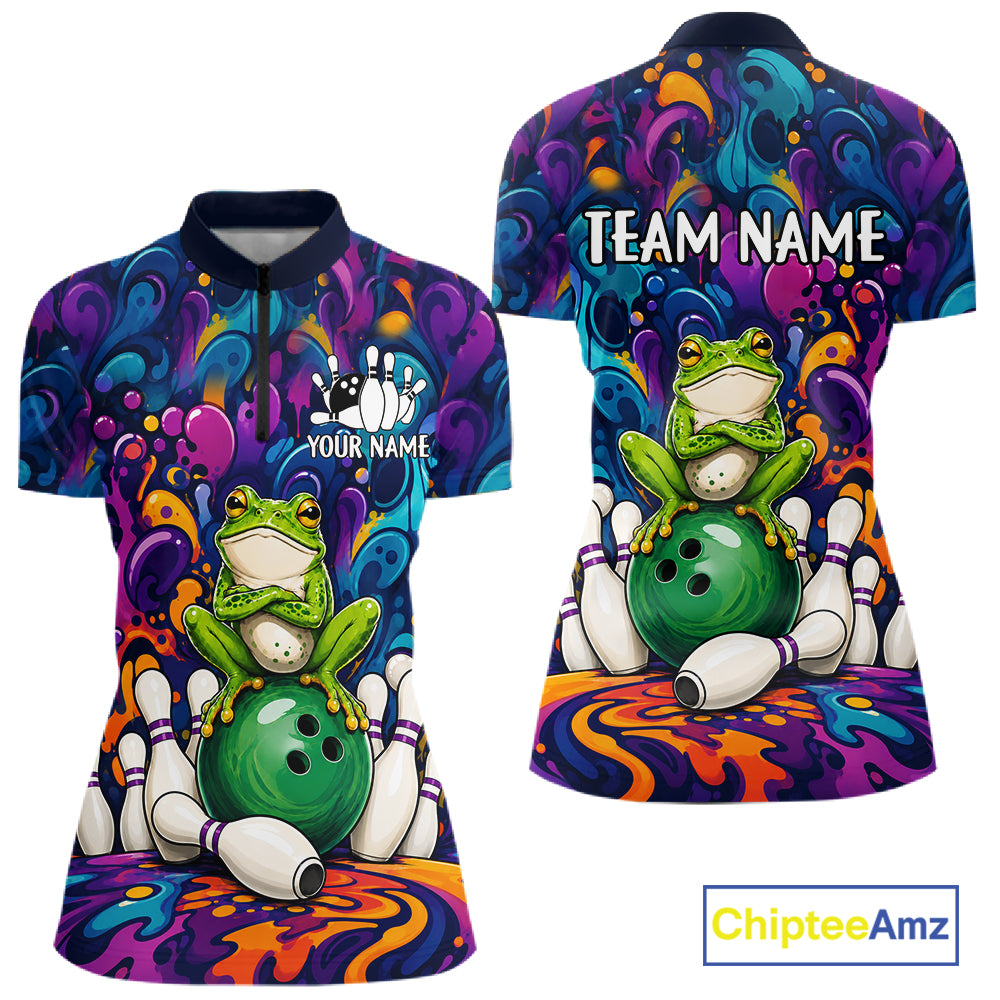 Personalized colorful funny frog bowling team quarter zip shirt for women, custom bowling league jersey with colorful frog artwork.