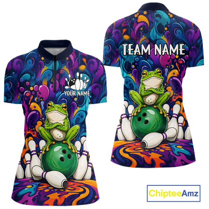 Personalized colorful funny frog bowling team quarter zip shirt for women, custom bowling league jersey with colorful frog artwork.
