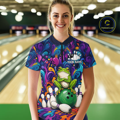 Woman wearing personalized colorful funny frog bowling quarter zip shirt front view.