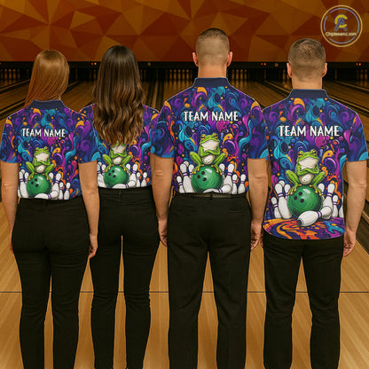 Bowling team wearing matching colorful funny frog bowling jerseys back view.