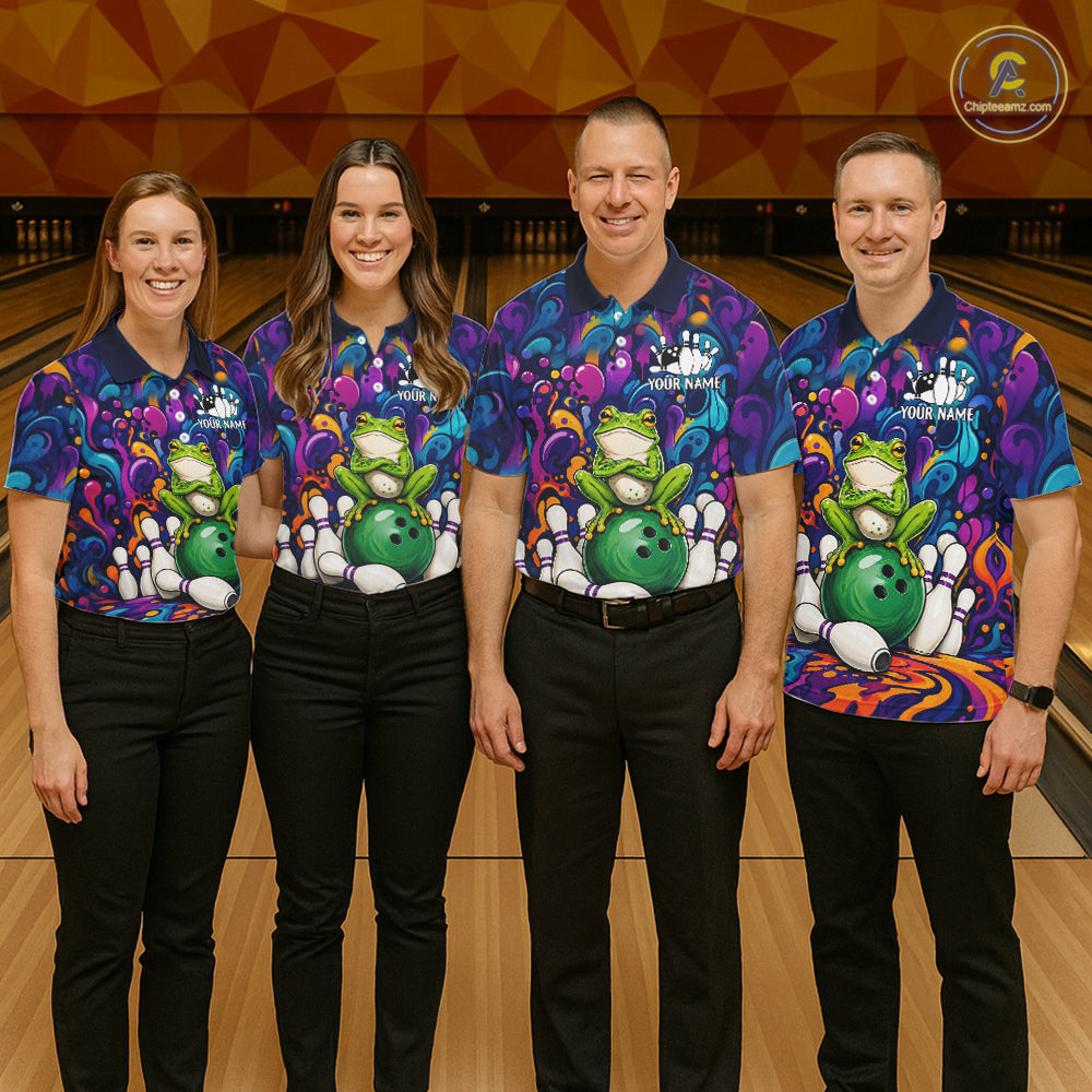 Bowling team wearing matching colorful funny frog bowling jerseys front view.