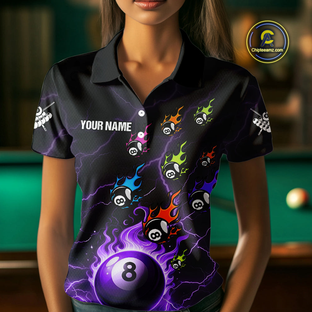 Personalized Funny Colorful Flame 8 Ball Billiard Shirt For Women Custom Pool Team Jersey |Purple TDM4968