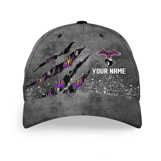 Custom Ball 8 Grey Grunge Billiard Caps Hats, Personalized Name Billiard Baseball Caps For Player TDM0703
