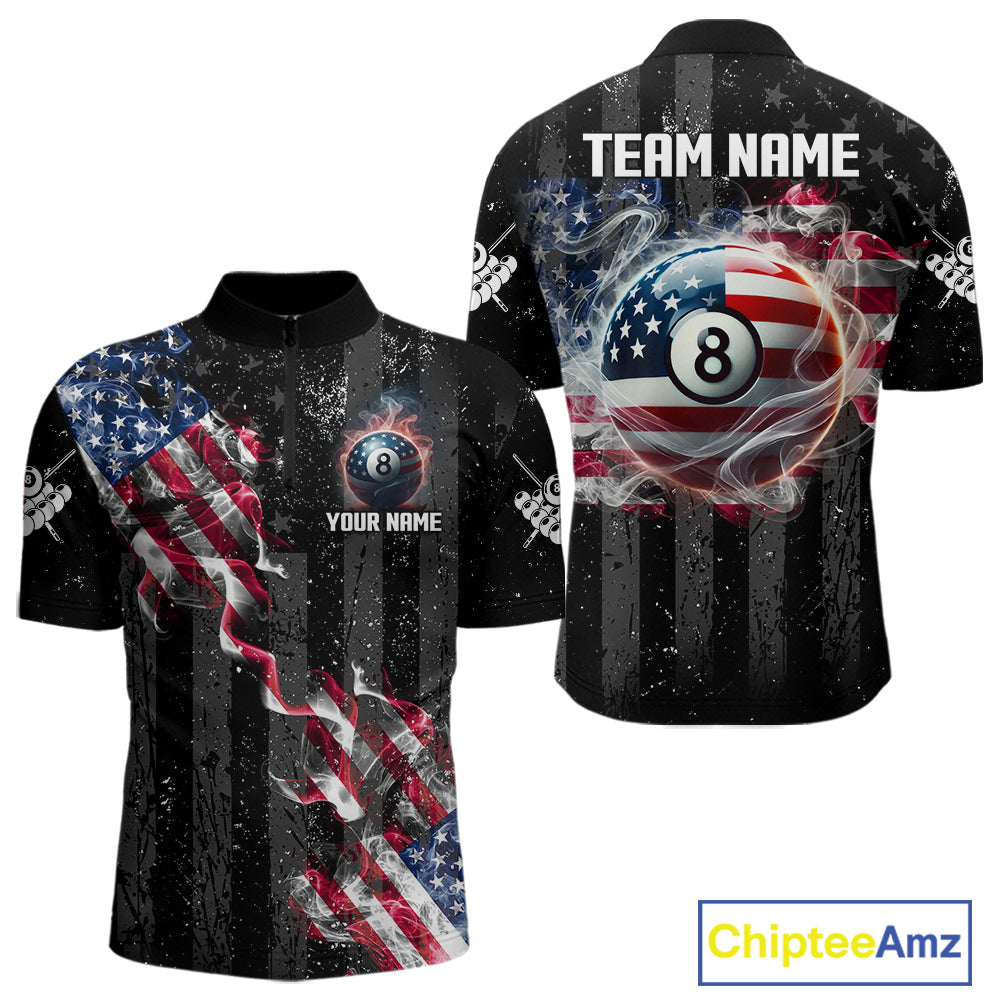 Custom US Flag Smoke 8 Ball Pool Billiard Shirt For Men, 3D Patriotic Billiard Team Jersey TDM5692