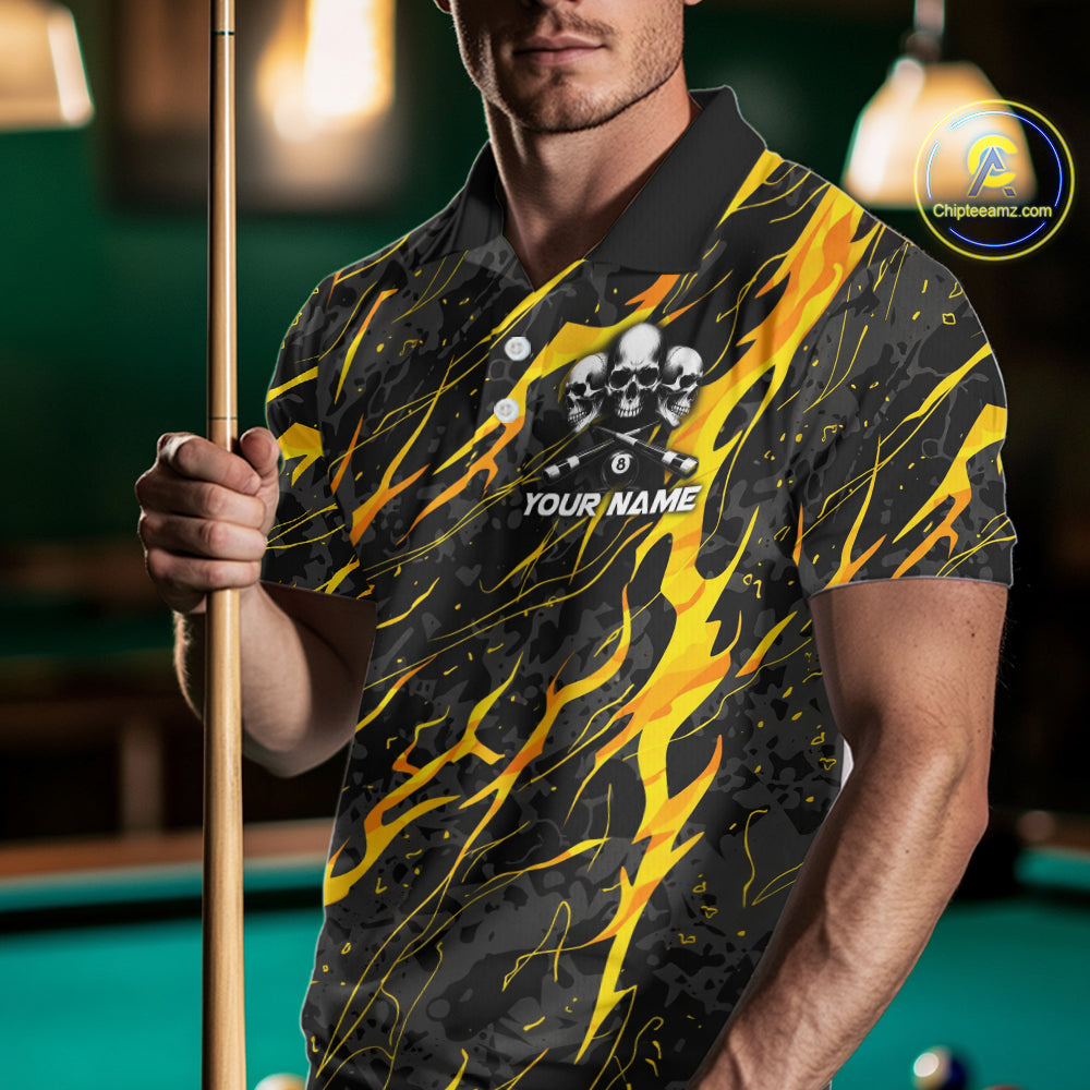 Yellow Black 8 Ball Skull Lightning Splash Billiard Shirt For Men Custom Pool Jersey Polo, 1/4 Zip TDM5892