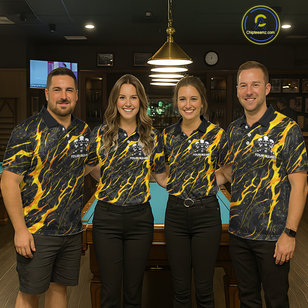 Yellow Black 8 Ball Skull Lightning Splash Billiard Shirt For Men Custom Pool Jersey Polo, 1/4 Zip TDM5892