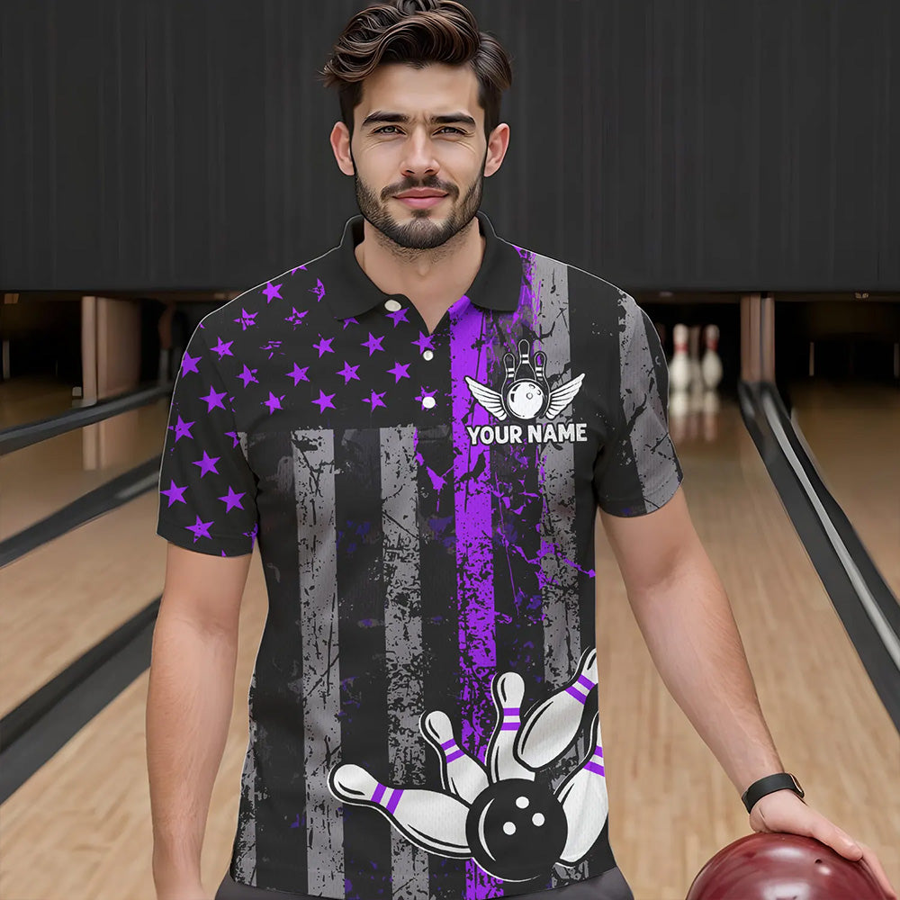 Purple And Black Grunge American Flag Patriotic Bowling Shirts For Men Custom Bowling Team Jerseys TDM3697