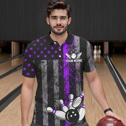 Purple And Black Grunge American Flag Patriotic Bowling Shirts For Men Custom Bowling Team Jerseys TDM3697