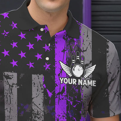Purple And Black Grunge American Flag Patriotic Bowling Shirts For Men Custom Bowling Team Jerseys TDM3697