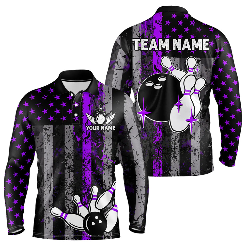 Purple And Black Grunge American Flag Patriotic Bowling Shirts For Men Custom Bowling Team Jerseys TDM3697
