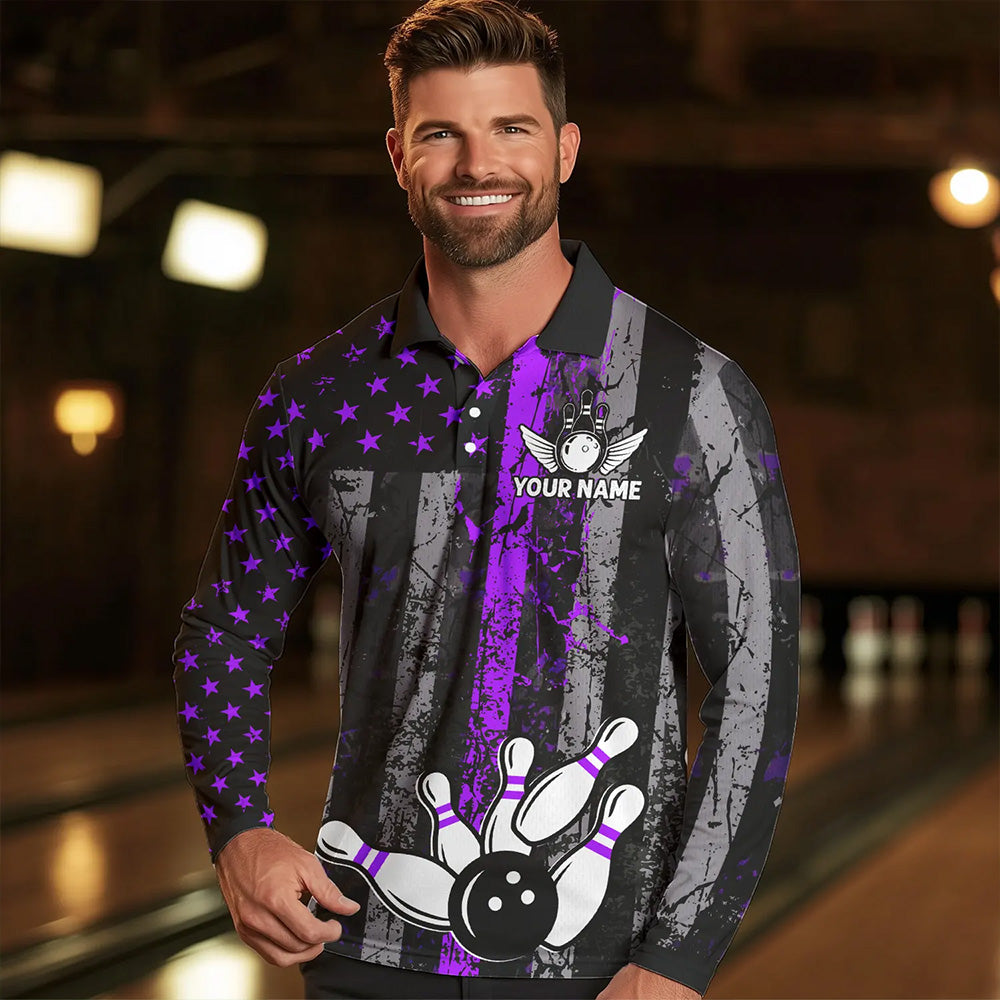 Purple And Black Grunge American Flag Patriotic Bowling Shirts For Men Custom Bowling Team Jerseys TDM3697