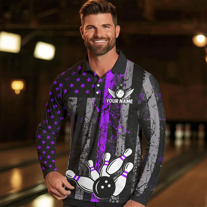Purple And Black Grunge American Flag Patriotic Bowling Shirts For Men Custom Bowling Team Jerseys TDM3697