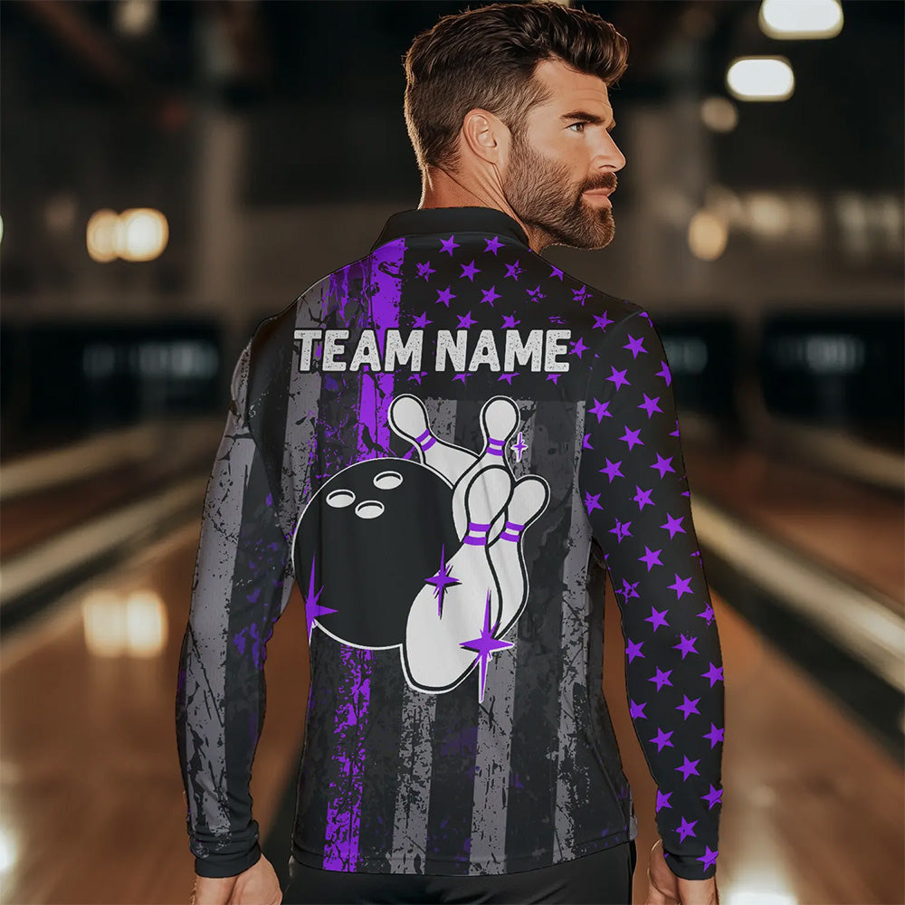 Purple And Black Grunge American Flag Patriotic Bowling Shirts For Men Custom Bowling Team Jerseys TDM3697