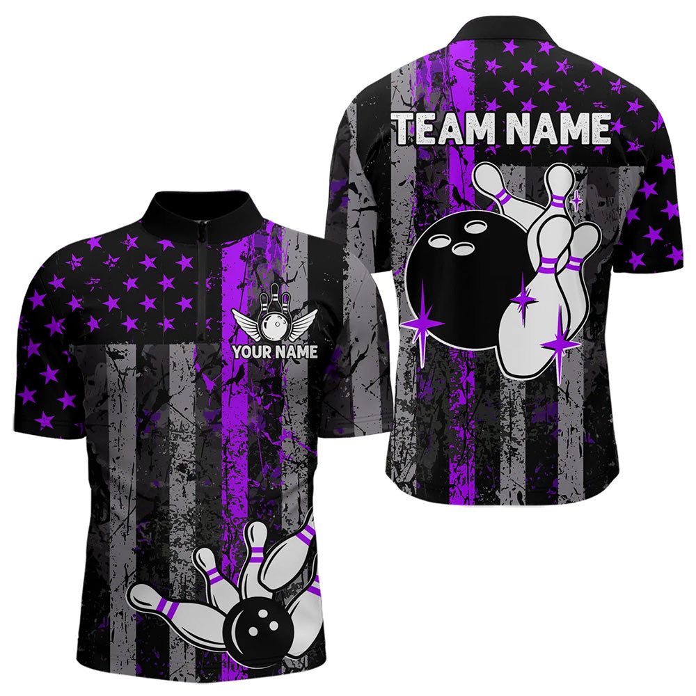 Purple And Black Grunge American Flag Patriotic Bowling Shirts For Men Custom Bowling Team Jerseys TDM3697