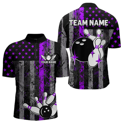 Purple And Black Grunge American Flag Patriotic Bowling Shirts For Men Custom Bowling Team Jerseys TDM3697