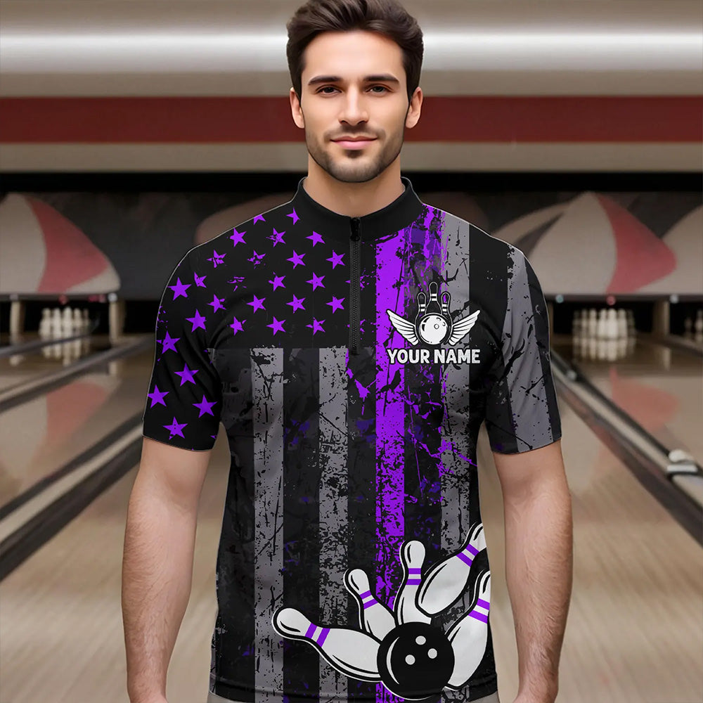 Purple And Black Grunge American Flag Patriotic Bowling Shirts For Men Custom Bowling Team Jerseys TDM3697