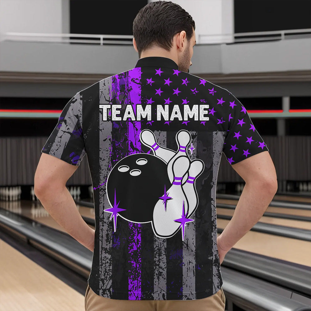 Purple And Black Grunge American Flag Patriotic Bowling Shirts For Men Custom Bowling Team Jerseys TDM3697