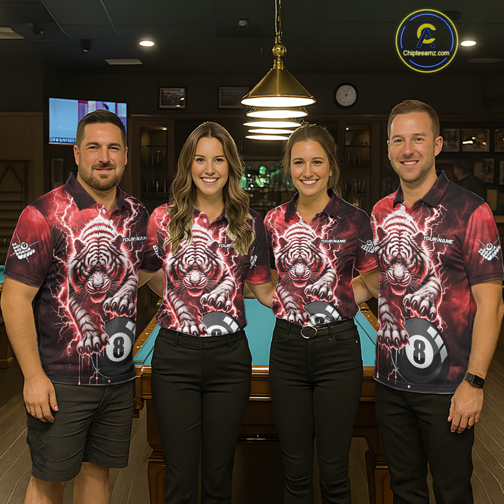 Red 8 Ball Thunder Lightning Tiger Billiard Shirt For Women Custom Pool Team Jersey Polo, 1/4 Zip TDM6037