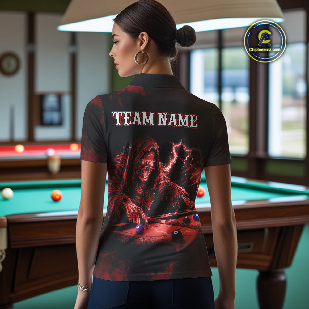 Personalized Red Smoke Skull Billiard Shirts For Women Custom Grim Reaper Billiard Jerseys TDM3869