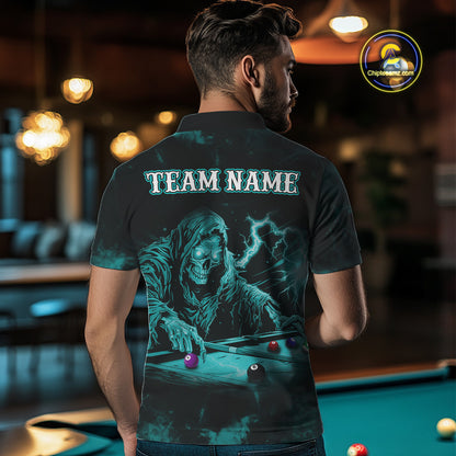 Personalized Turquoise Smoke Skull Billiard Shirts For Men Custom Grim Reaper Billiard Jerseys TDM3871